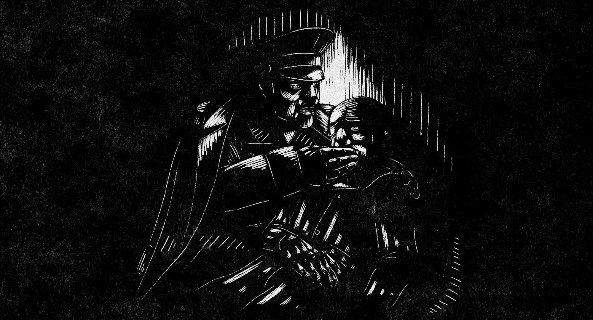 In His Mercy. Film still: The director is feeding the convict.